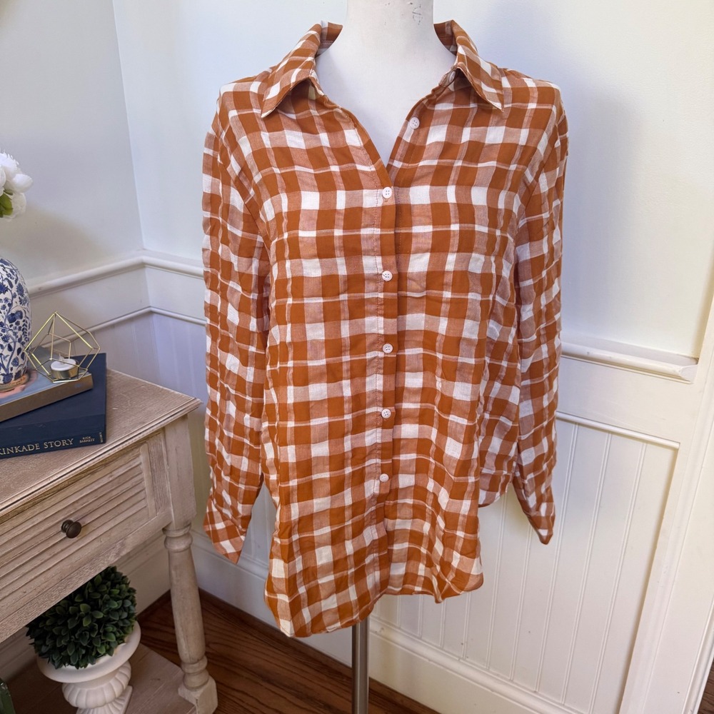 Lulus Womens Rust Orange Gingham Plaid Button Down Shirt Small‎ NWT